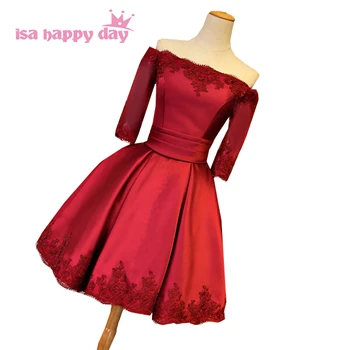 Multi color off peties oficialų merginos satino kamuolys suknelė promenadzie suknelė bordo raudona šalis suknelės trumpos žiemos valtis kaklo H3974