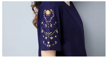 Nacionalinės stiliaus medvilnės patalynė trumpas rankovėmis marškinėliai moterų siuvinėjimo gėlės vasarą naujų prarasti meno apvalios kaklo ponios