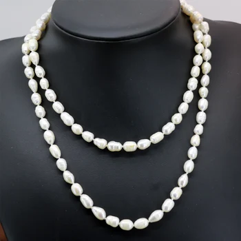 Natūralūs baltos spalvos gėlavandenių perlų 9-10mm barelį ryžių ilgos grandinės karoliai moterų aukščiausios kokybės vestuvėms šaliai, papuošalai 36inch B2918