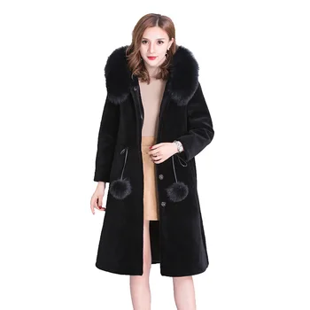 Nekilnojamojo vilnos viršutiniai drabužiai, paltai su lapės kailio apykaklė su gobtuvu moterų šiltos žiemos vilnos paltas 2018 naują atvykimo