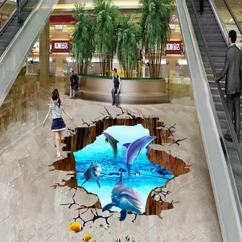 Nemokamas pristatymas custom sutirštės lipnios kambarį grindų freskomis tapetai, 3D delfinų pasaulį lauko grindų dažymas