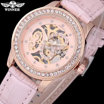 NUGALĖTOJAS 2016 kinijos prekės ženklo moterų laikrodžiai, prabangūs mechaninė vertus vėjo žiūrėti skeletas rožinė surenka kalnų krištolas odos juosta montre femme