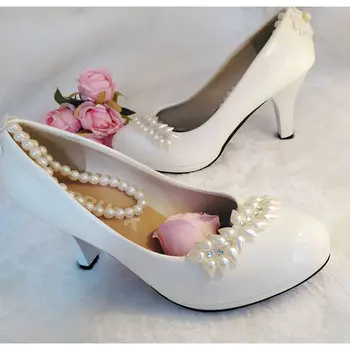 Perlų vestuvių siurbliai batai moters čiurnos duobute apyrankę dirželiai mados ponios moteriška šalis suknelė bateliai nuotakos bateliai