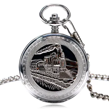 Prabangių Vyrų Kišeninio Laikrodžio Stilingas Geležinkelio Grandinės FOB Dvigubai Medžiotojas Moterų Pakabukas Veikia Garo Traukinio Mechaninė Vertus Vėjo Laikrodis
