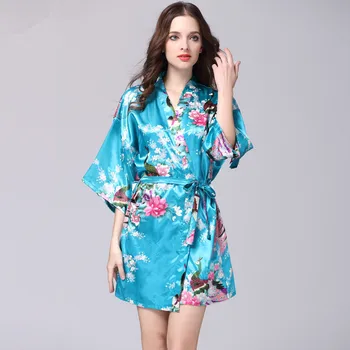 Prekės Dizaineris Naujus moteriškus Spausdinti Gėlių Kimono Suknelę, Suknelė Šilko Satino Vestuvių Apdarą Pižamą Gėlių S M L XL XXL XXXL D125-09