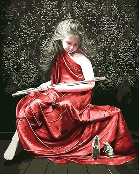 Raudonai apsirengusi mergina su fleita kambarį apdailos dažymo aliejaus Tapybai nuotraukų Skaičius Brėžinyje skaičiais 