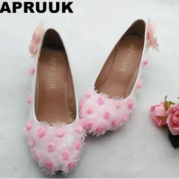 Rožinės spalvos gėlės, vestuvių bateliai moterims med kulno turas pirštai rankų darbo brides batai plius dydžio panele šalis suknelė bateliai