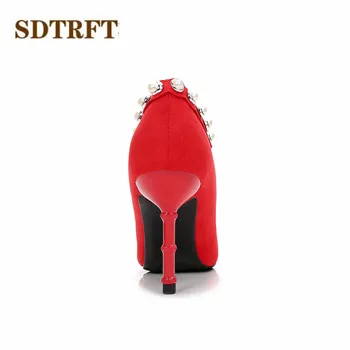 SDTRFT Naujas zapatos mujer Stiletto moterų Naktinis Klubas 8cm ploni kulniukai Seklių Burną nuotakos Pearl batus moteris Nurodė, Kojų siurbliai