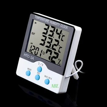 Skaitmeninis LCD Patalpų Lauko Termometras su Drėgmėmačiu Temperatūros Drėgmės Matuoklis Su Laikrodis, Termometras Testeris 10vnt/daug HTC-2A