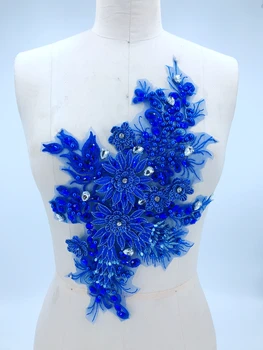 Trimatis gėlių royalblue nėrinių aplikacijos su siūti karoliukus cirkonio apdaila pleistrai 38*23cm dėl aprangos aksesuaras