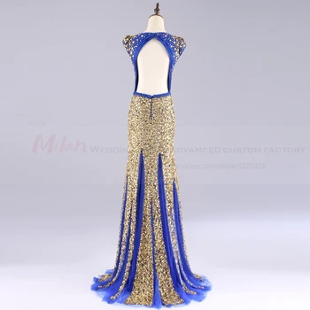 Vestido de festa de longo luxo 2018 sexy V kaklo kristalų Bžūp rankovėmis seksualus undinė royal blue turkijos vakare chalatai realios foto