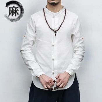 Vyrai Lininius Marškinius ilgomis rankovėmis Kinų Stiliaus Medvilnės Stovėti Apykaklės Mados Atsitiktinis Mygtuką Lininius Marškinius Vyrų Slim Fit Kung Fu Marškinėliai