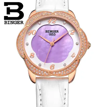 Šveicarija Binger Moterų laikrodžiai diamond prabanga top brand laikrodis odinis dirželis kvarcas vandeniui Laikrodžius B3028-3