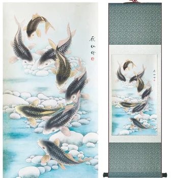 Žuvų tapybos tradicinio meno Kinijos Žuvų atlygį bijūnas gėlių ir žuvų tapybos Aštuonių fishPrinted tapyba
