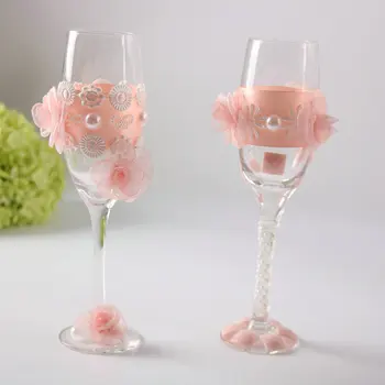 1 pora Vestuvių Taure Šampano taurių Virvės Fleitos Skrudinimas Akinius Vestuvių Nuotaka ir Jaunikis Akiniai su pink gėlių