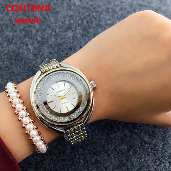 2017 CONTENA Krištolo ir Deimantų Prabangos Prekės ženklo Moterų Laikrodžiai Golden Rose Žiūrėti Moterų Full Steel Riešo laikrodžių Mados Ponios Žiūrėti
