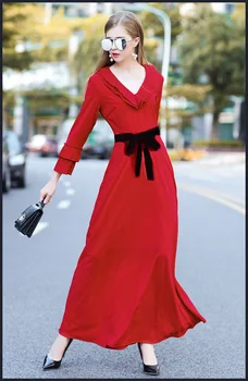 2017 m. Rudenį takų long sleeve V-kaklo suknelė Mados ruffles elegantiška raudona suknelė