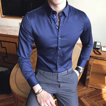 2017 m. Rudenį Vyrų Atvartas ilgomis Rankovėmis Socialinės Slim fit Shirt Mens Oficialus Baroko Spausdinti Marškinėliai Masculina Camisa