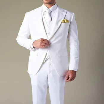 2018 kostiumas Jaunikis Smokingas Kostiumai Vyrams 3 Peices vyrų kostiumas homme Balta Jaunikis Dėvėti Piko Atvartas Vestuvių (Striukė+Kelnės+Liemenė)