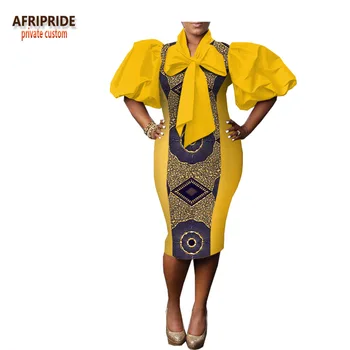 2018 m. afrikos spausdinti pavasario suknelė moterims AFRIPRIDE lankas kaklo pusės žibinto rankovės kelio ilgis atsitiktinis moterų medvilnės suknelė A1825018