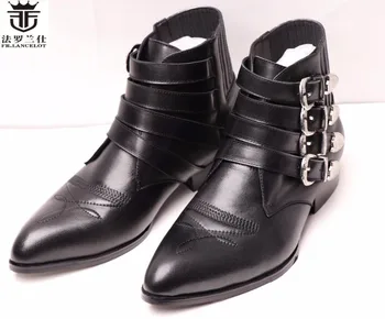 2018 m. FR.LANCELOT Top brand odiniai batai mados nekilnojamojo odos naujas dizainas įkrovos sagtis vyrai trumpas kulno, guminis padas suknelė vyrų batai