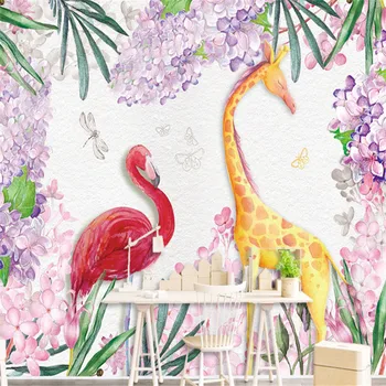 3D Custom Tapetai Ranka-dažytos Freskomis Gėlių, Medžių Nuotraukų Siena, Dokumentai dėl Gyvenimo Kambario Sienos Freskomis Žirafa Flamingo Nuotraukas