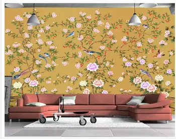3d tapetai kambario Kinijos ranka-dažytos, paukščių ir gėlių fonas freskos nuotrauka 3d tapetai