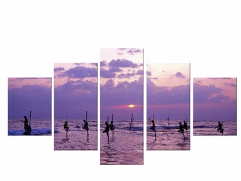 5 Pieces Printed Purple Sea Wave Sunset Landscape Painting Canvas Modular Picture for Wall Art Home Decor Living Room Framed