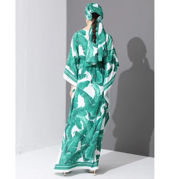 Aukštos Kokybės 2017 kilimo ir tūpimo Tako Mados Dizaineris Maxi Suknelė Moterų Batwing Rankovės Žalios Palmių Lapų Gėlių Spausdinti Prarasti Atsitiktinis Ilga Suknelė