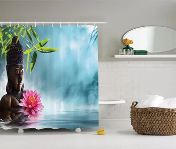 Aukštos Kokybės Meno Dušo Užuolaidos Buda pink lotus bangų atspindys bambuko Vonios kambarys Dekoratyvinis Šiuolaikinės Vandeniui dušo užuolaidos