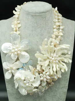 Balta kava sea shell gėlių karoliai didelis mados akmens briaunotas gėlavandenių perlų 19inch FPPJ