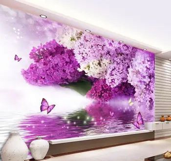 Beibehang Užsakymą tapetai violetinės gėlės vandens atspindys drugelis fono sienos, namų dekoro gyvenimo kambario, miegamasis 3d tapetai