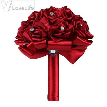 Elegantiškas Rankų darbo Vestuvių puokštė Dirbtinių gėlių, Rožių Puokštės Puokštė Crystal Satin Rinbow Bridesmaid, Vestuvių Puokštė Dekoras