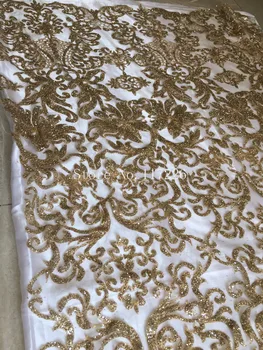Gražus, prabangus klijuojami blizgučiai siuvinėjimas tiulio tinklelio, nėrinių audinys JRB-52408 su aukso blizgučiai vestuvių suknelė/vakarinę suknelę