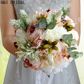 H&S BRIDAL Kaimo Stiliaus Nuotakos Puokštė Dirbtinis Vestuvių Puokštė Brides Rankena Nėrinių Vestuvės Gėlių Puokštė De Mariage
