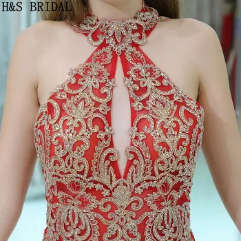 H&S BRIDAL Undinė vakarinę Suknelę Raudonos spalvos Šifono Apynasrio Vakare Gown karinio jūrų Laivyno Nėrinių Aplikacijos Puošnios vakarinės suknelės ilgai vestido de festa