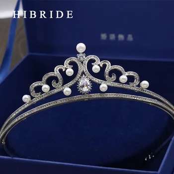 HIBRIDE bižuterijos White Crystal Bridal Crown Aišku, kalnų krištolas Pearl Diadem Nuotakos Plaukų Aksesuarai HC00011