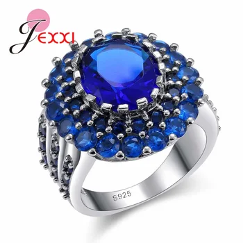 JEXXI 925 Sterlingas Sidabro Vintage Blue Crystal Žiedai Moterims Vestuves Aksesuaras Didelis Gėlių Jubiliejų Anillos Moteris