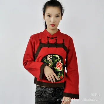 Kinijos Rudens stiliaus Moteris Trumpi Švarkai Atsitiktinis Slim gryno lino dvigubo sluoksnio siuvinėjimo Kailio paltas apvalkalo išorinis drabužis