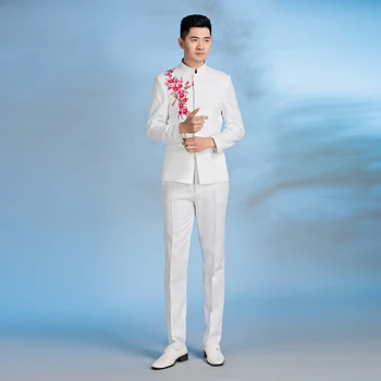 Kinijos tunika kostiumas mens vyrų veiklos dėvėti nustatyti jaunikis kinų stiliaus mens siuvinėjimo kostiumas oficialų suknelė, kostiumas stovėti apykaklės 2XL