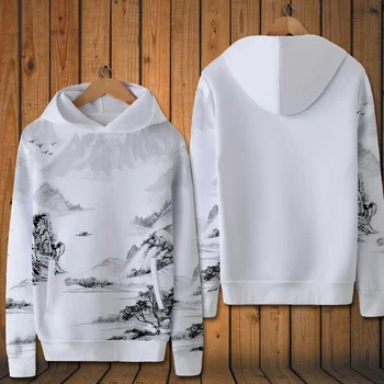Kinų stiliaus rašalo peizažas kūrybos spausdinimas mados puloveris hoodies Naują atvykimo aukščiausios kokybės negabaritinių megztiniai vyrams