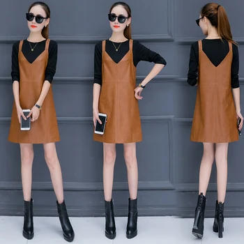 Korėjos Mados pečių dirželiai moterų rudenį apranga nauja pu odos suknelė su o kaklo, ilgomis rankovėmis marškinėliai, dviejų dalių suknelės
