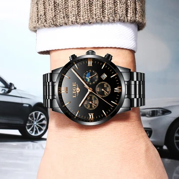 Laikrodžiai Vyrams Prabangos Prekės LIGE Chronograph Vyrų Sporto juoda Laikrodžiai Vandeniui Visiškai Plieno, Kvarcas vyriški Žiūrėti Relogio Masculino
