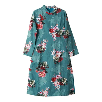 LZJN 2018 m. Pavasario Moterims Gėlių Suknelė ilgomis Rankovėmis Qipao Vidurio Blauzdos Ilgis Modifikuotų Kinijos Cheongsam Suknelės Vintage Drabužius Femme 1850
