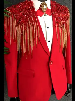 M-3XL Nauja versija Vyrų drabužiai Veiklos Raudona Grandinės Kostiumai Dress Etape Dainininkė Šalies Kailis naktiniame klube Bar DJ Sportiniai švarkai (bleizeriai) Striukė, Kostiumas