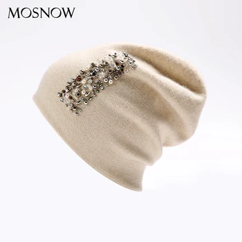 MOSNOW Skrybėlę Moterų Moterų Vilna, kalnų krištolas 2018 Aukštos Kokybės Naujas Žiemos Megzti Beanie Kepurė Mergaitėms Skullies variklio Dangčio Femme #MZ879