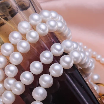 Moteris Dovaną žodis 925 sidabro realaus [ryškios pearl] natūralių gėlavandenių perlų, beveik apvalios 7-8 mm megztinis grandinė, ilga grandinė