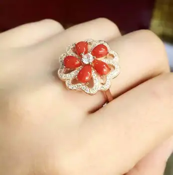 Natūralus raudonasis koralas perlas Žiedas Natūralus akmuo žiedas 925 sterlingas sidabro madinga, Elegantiška apvali Gėlės moterims, vestuvių dovana, Papuošalai