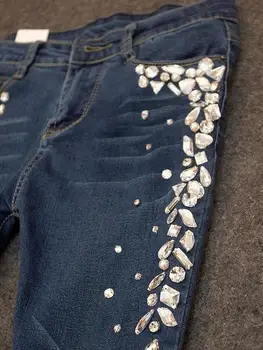 Naujas moterų liesas džinsai denim kelnės deimantų cirkonio džinsus ruožas ilgas džinsai