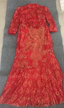 Nemokamas Pristatymas Raudona Slidinėti Ilgai Cheongsams Kinijos Tradicinės Povas Siuvinėjimo Qipao Vakarinę Suknelę Qi Pao Vestidos